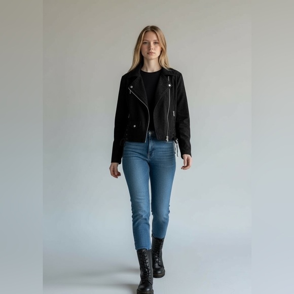 Olivaceous MOTO Jacket in True Black Biker Crop Faux Suede Lace Up Tie Zipper - Picture 16 of 16